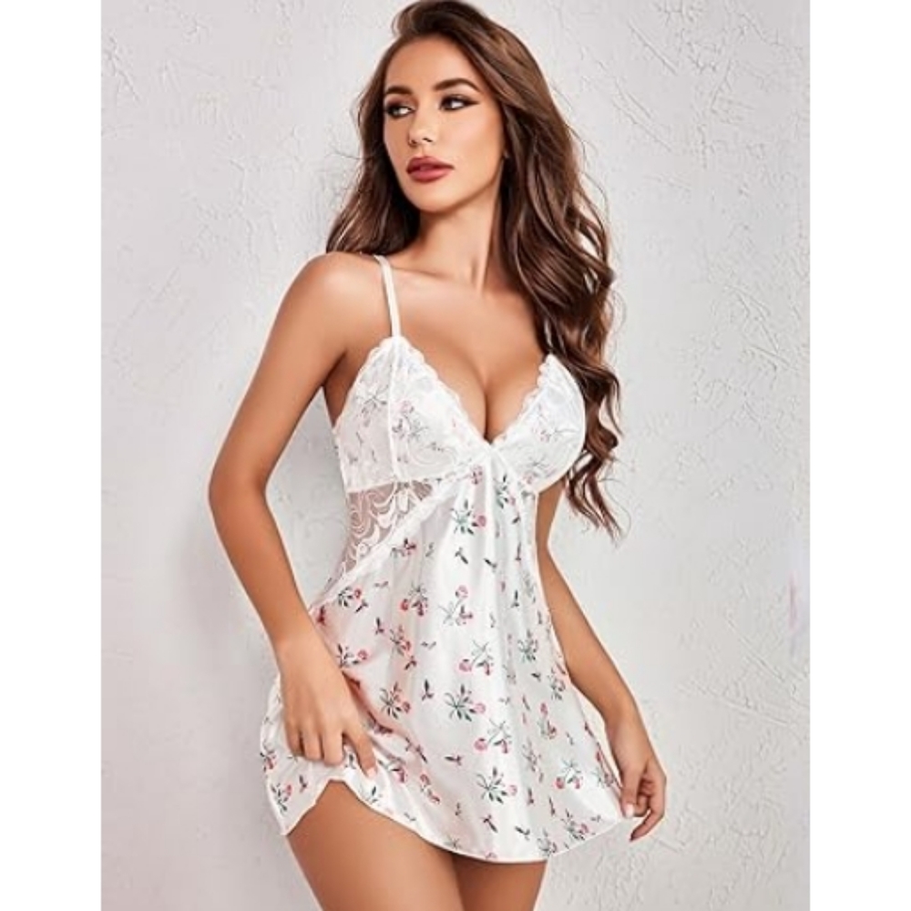 Avidlov Lingerie VNeck Nightwear Satin Lace Chemise Mini Teddy White Nighty - Picture 4 of 9